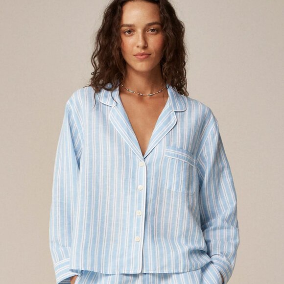 J. Crew Women's Long-sleeve pajama top in striped linen-cotton blend Small - Picture 1 of 6